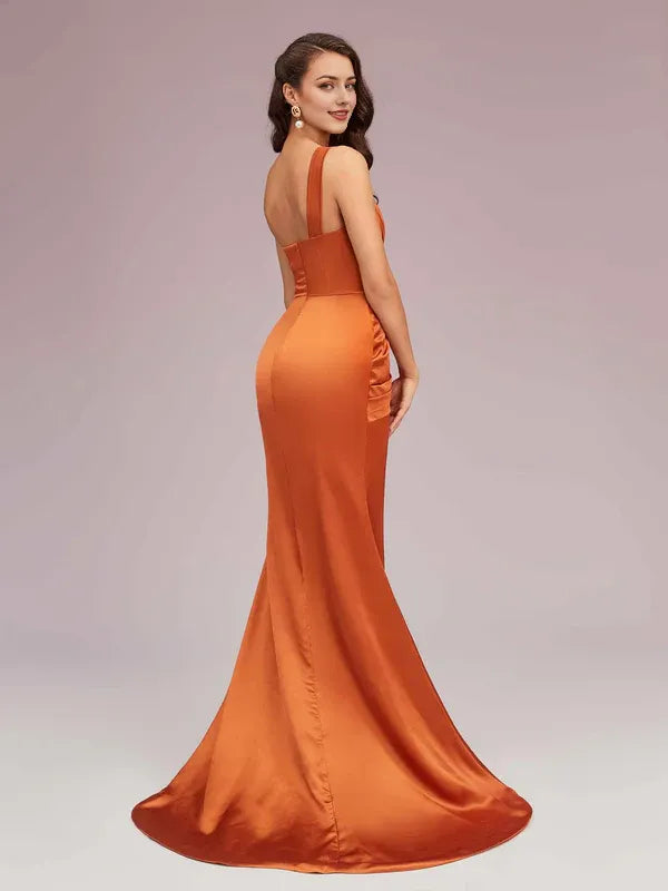 Robe longue sirène sexy à une épaule et fente latérale en satin doux, robe de soirée sans manches